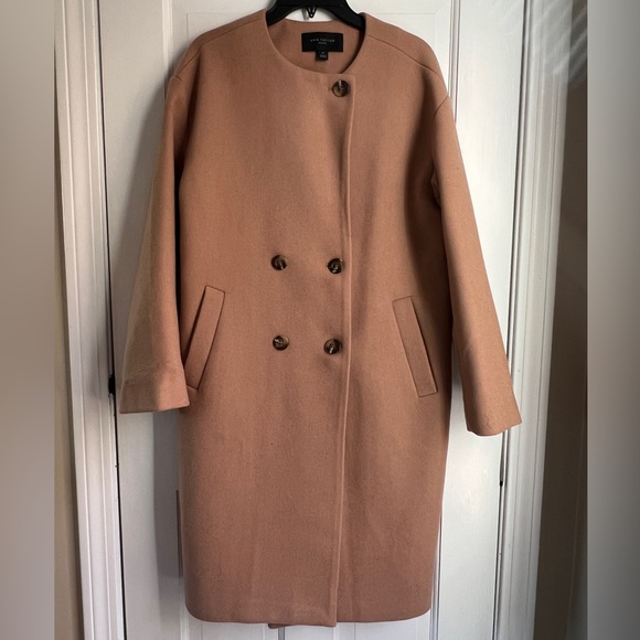 Ann Taylor Camel Crew Neck Coat wool blend double breasted peacoat MP - Picture 4 of 10